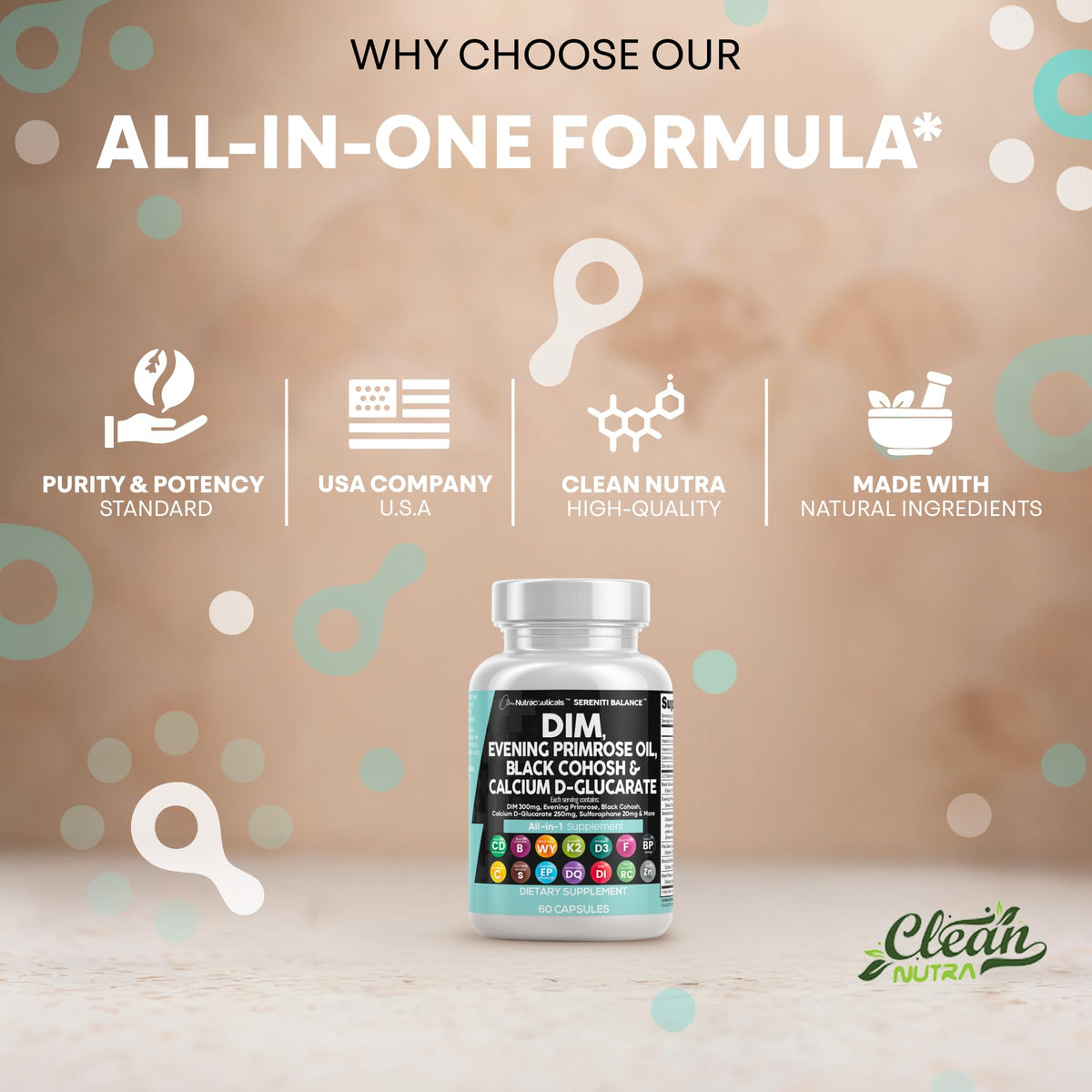 Clean Nutraceuticals DIM Evening Primrose Black Cohosh Calcium D-Glucarate Sulforaphane Flax Seed Extract - Hormonal Support Vitamins for Women with Dong Quai - 60 Caps Clean NutraceuticalsBuy Supplements Australia