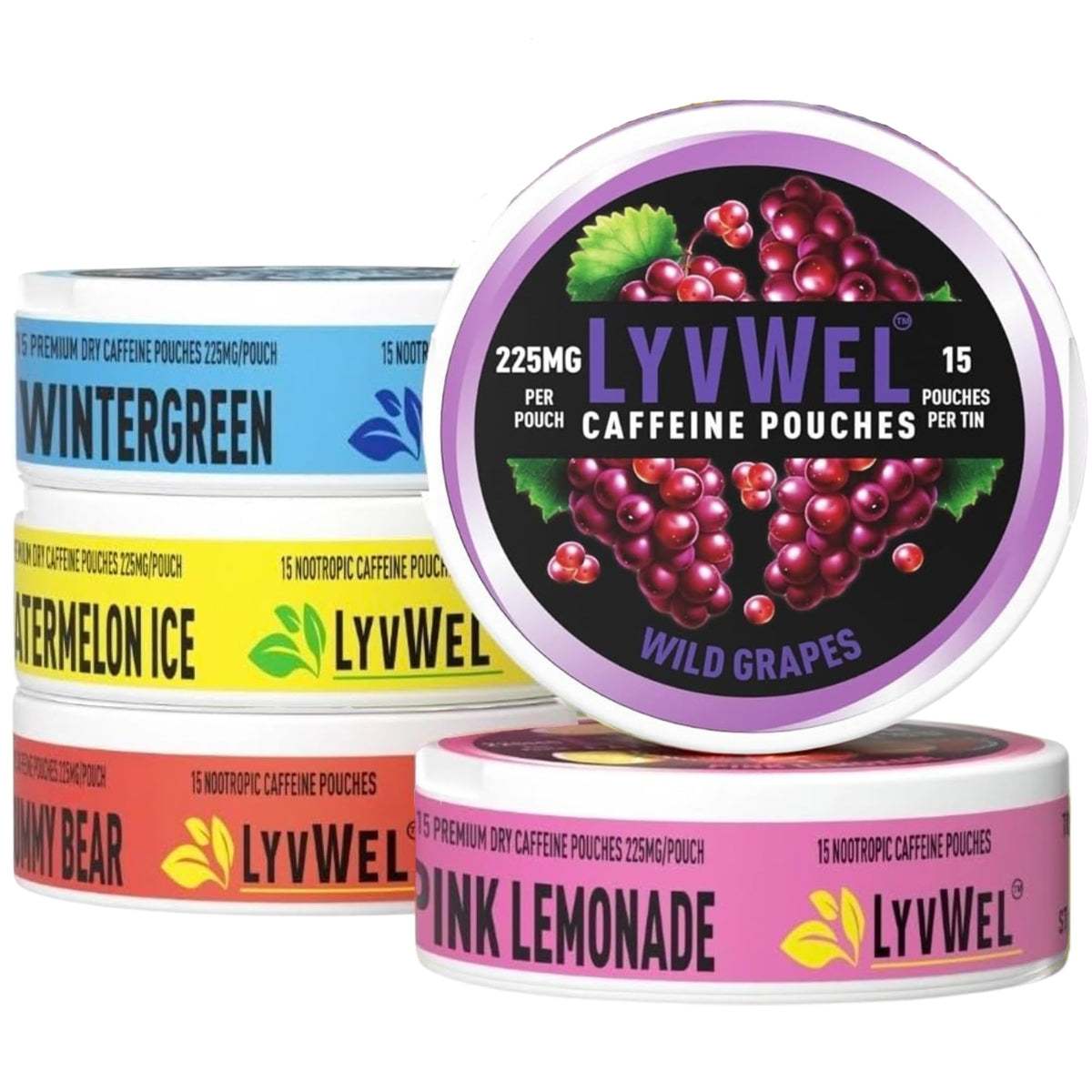 LyvWel 225mg Caffeine Energy Pouches | Nootropic Focus & Neuro Support | Tobacco-Free, Nicotine-Free, Quick Energy Solution | 5-Pack: 60 Pouches (5 Pack, Multi-Pack) LyvWelBuy Supplements Australia