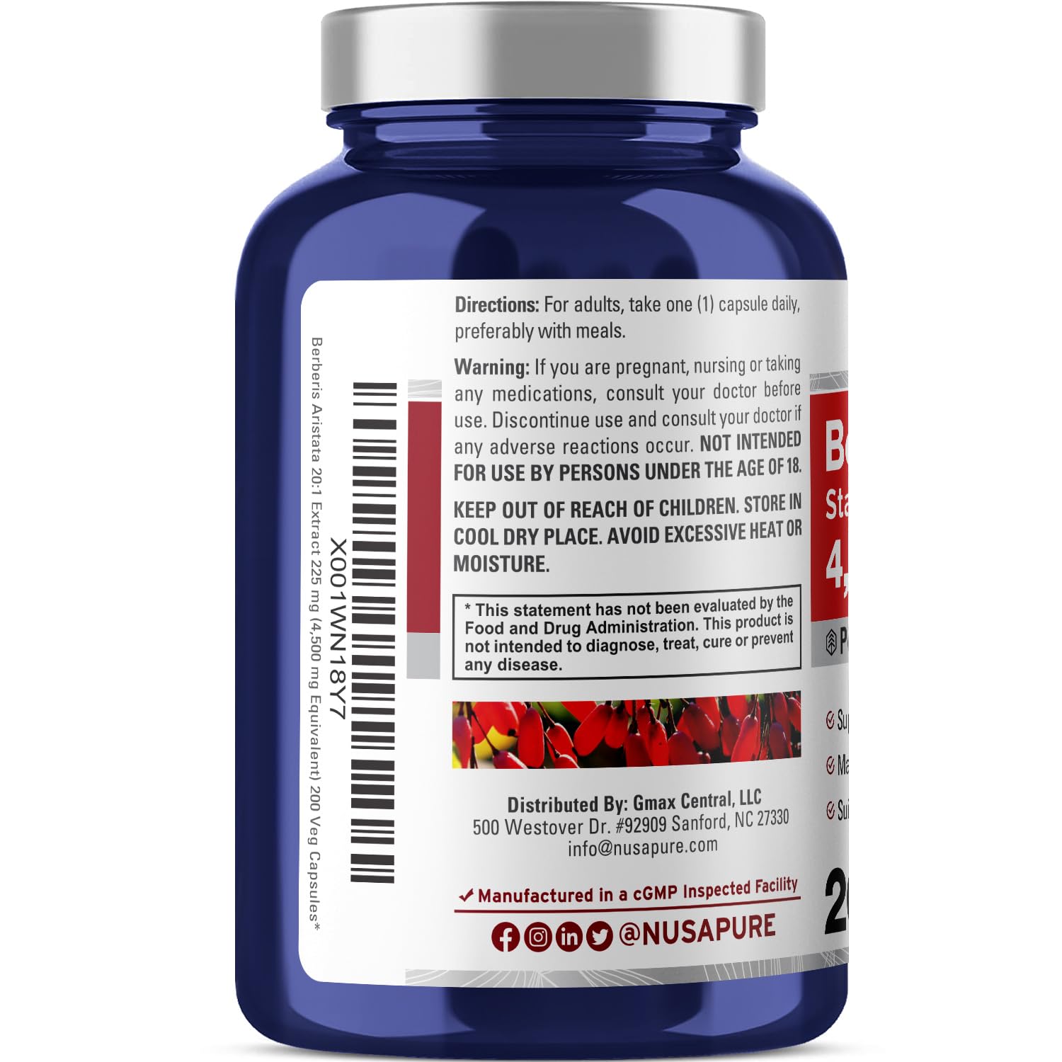 NusaPure Berberine HCI 4500 mg - 200 Veggie Caps - 6 Months Supply - (100% Vegetarian NusaPureBuy Supplements Australia