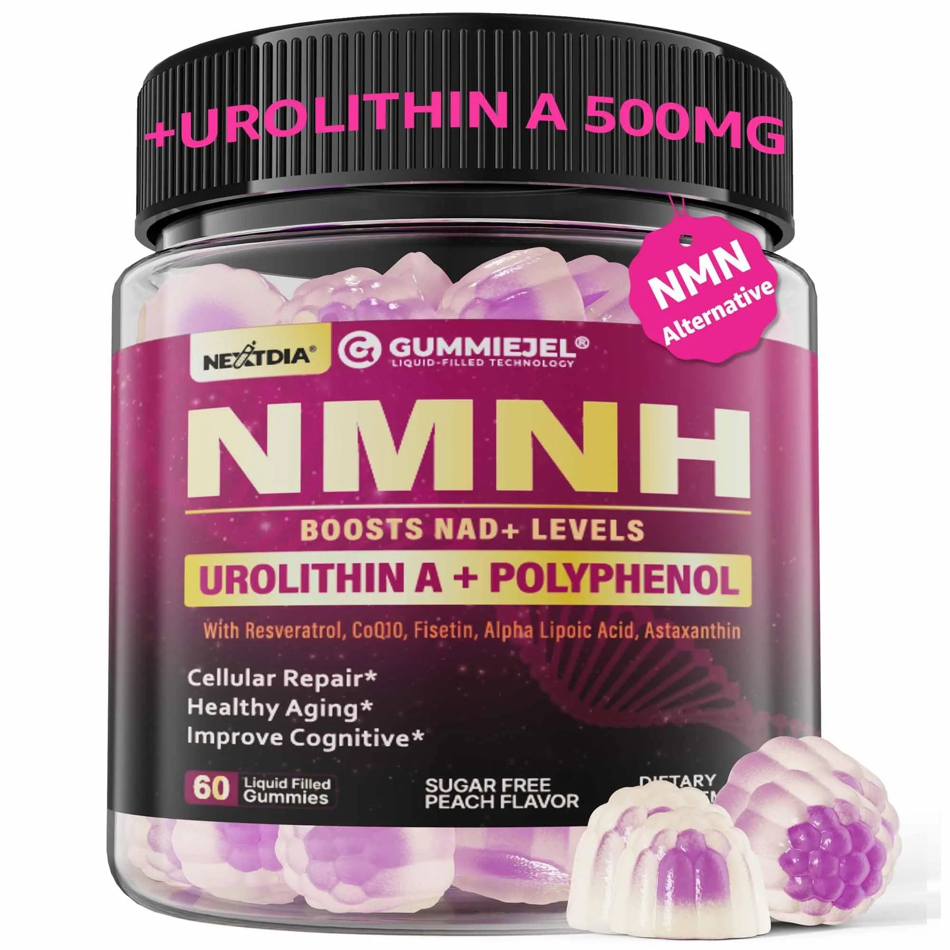 NMNH Gummies 300MG for Longevity with Urolithin A, Polyphenol Blend, Resveratrol, NAD+ Supplement for Women & Men Boost NAD+ Levels, Optimized Aging, Cell, DNA Repair, Energy, Focus, Sugar Free, 60cts NextdiaBuy Supplements Australia