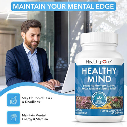 Healthy Mind - Safe for Teens - Brain Fog - Cognitive Function - Concentration - Focus - Neural Optimization - Mood - Ginkgo Biloba - Ginseng - Rhodiola - Bacopa - Gotu Kola - Green Tea - 60 Count Healthy OneBuy Supplements Australia