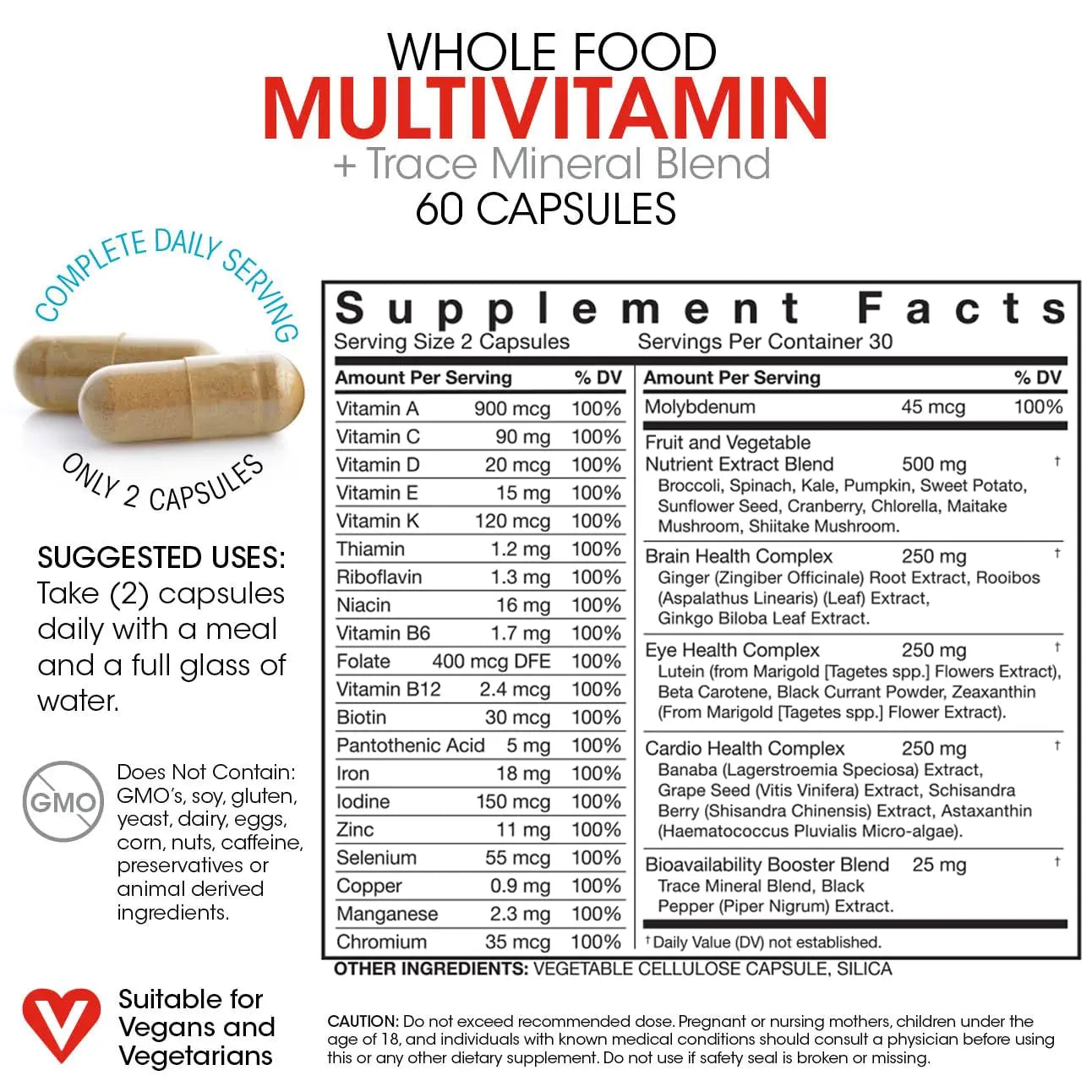 Silver Fern Whole Food Daily Multi Vitamin w/Trace Mineral Blend Supplement - 2 Bottles - 60 Vegicaps Each - 60 Day Supply Silver FernBuy Supplements Australia