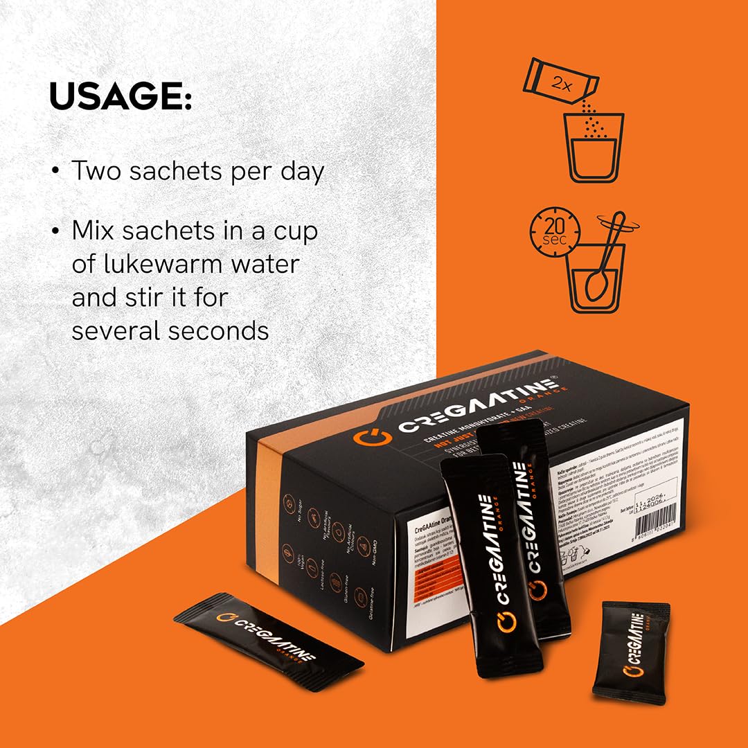 CreGAAtine Micronized Creatine Monohydrate + GAA | Increase Strength, No Water Retention | Boosts Memory & Focus | Single-Serve Packets | 60 Sachets, 30 Servings | (Sachets, Orange) CreGAAtineBuy Supplements Australia