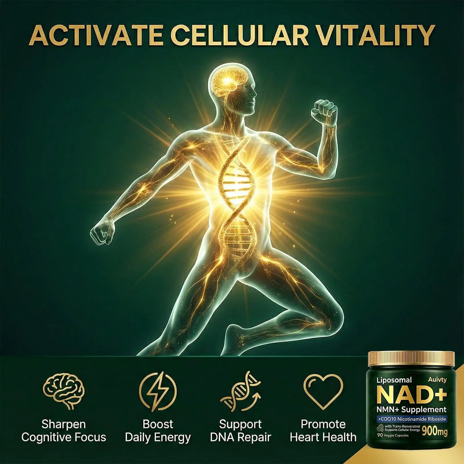Auivty Liposomal NAD+ NMN Supplement with COQ10, Nicotinamide Riboside, Trans-Resveratrol, 900mg, 90 Veggie Capsules AuivtyBuy Supplements Australia