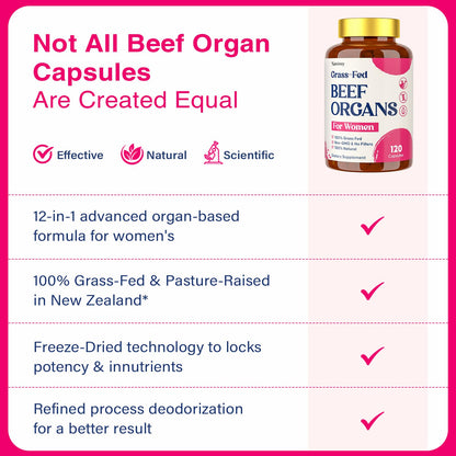 12-In-1 Beef Organ Supplement for Women - Beef Liver, Uterus, Kidney, Heart, Pancreas, 5 Vitamins & 2 Herbs, Hormone Balance, Menstruation, Energy, Immune - 100% Grass Fed, Pasture Raise - 120 Caps NassiouyBuy Supplements Australia