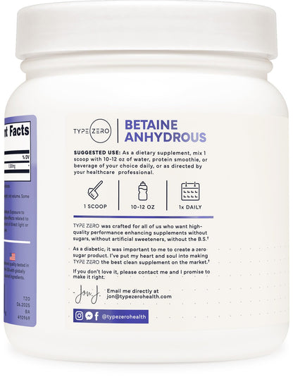 Type Zero Betaine Anhydrous Powder (1 LB) Unflavored - Clean Betaine Anhydrous Supplement, TMG, Trimethylglycine, 1,500mg Per Serving, Keto, GMO-Free Type ZeroBuy Supplements Australia