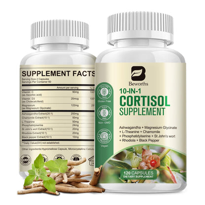 B BEWORTHS Cortisol Supplements for Women Men, 10-in-1 Cortisol Detox with Ashwagandha, Magnesium, L-Theanine, Balanced Cortisol Levels, Night & Calm Support, 120 Vegan Capsules B BEWORTHSBuy Supplements Australia