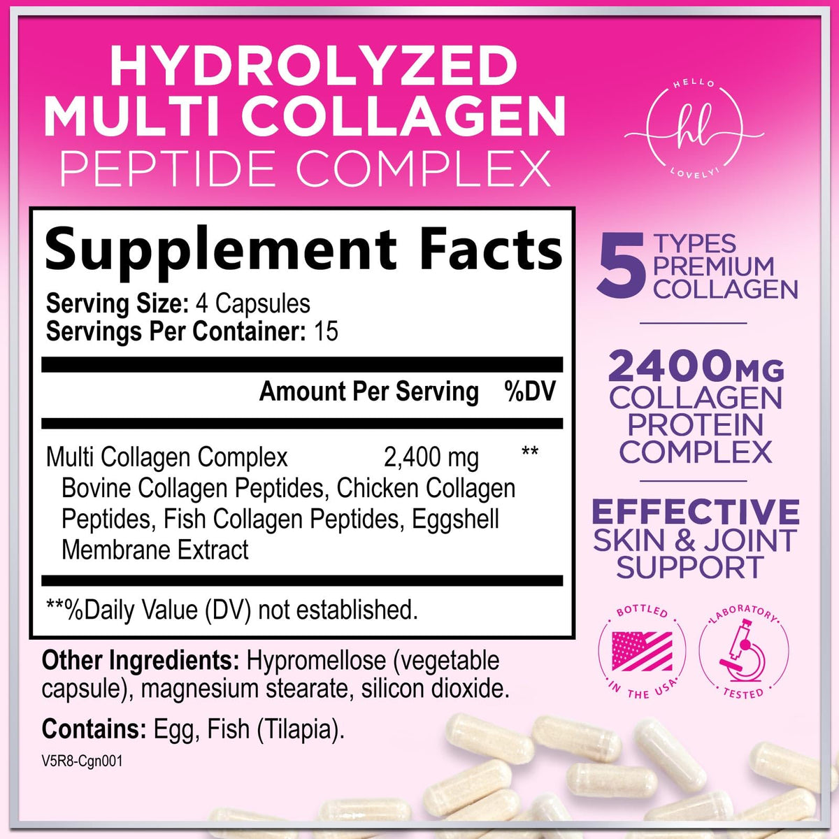 Multi Collagen Supplement 2400 mg - Types I, II, III, V & X Multi Collagen Peptides Pills for Women & Men, Hydrolyzed Collagen Supplements, Hair, Skin, Nail, & Joint Support Supplement, 60 Capsules Hello Lovely!Buy Supplements Australia