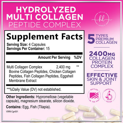 Multi Collagen Supplement 2400 mg - Types I, II, III, V & X Multi Collagen Peptides Pills for Women & Men, Hydrolyzed Collagen Supplements, Hair, Skin, Nail, & Joint Support Supplement, 60 Capsules Hello Lovely!Buy Supplements Australia