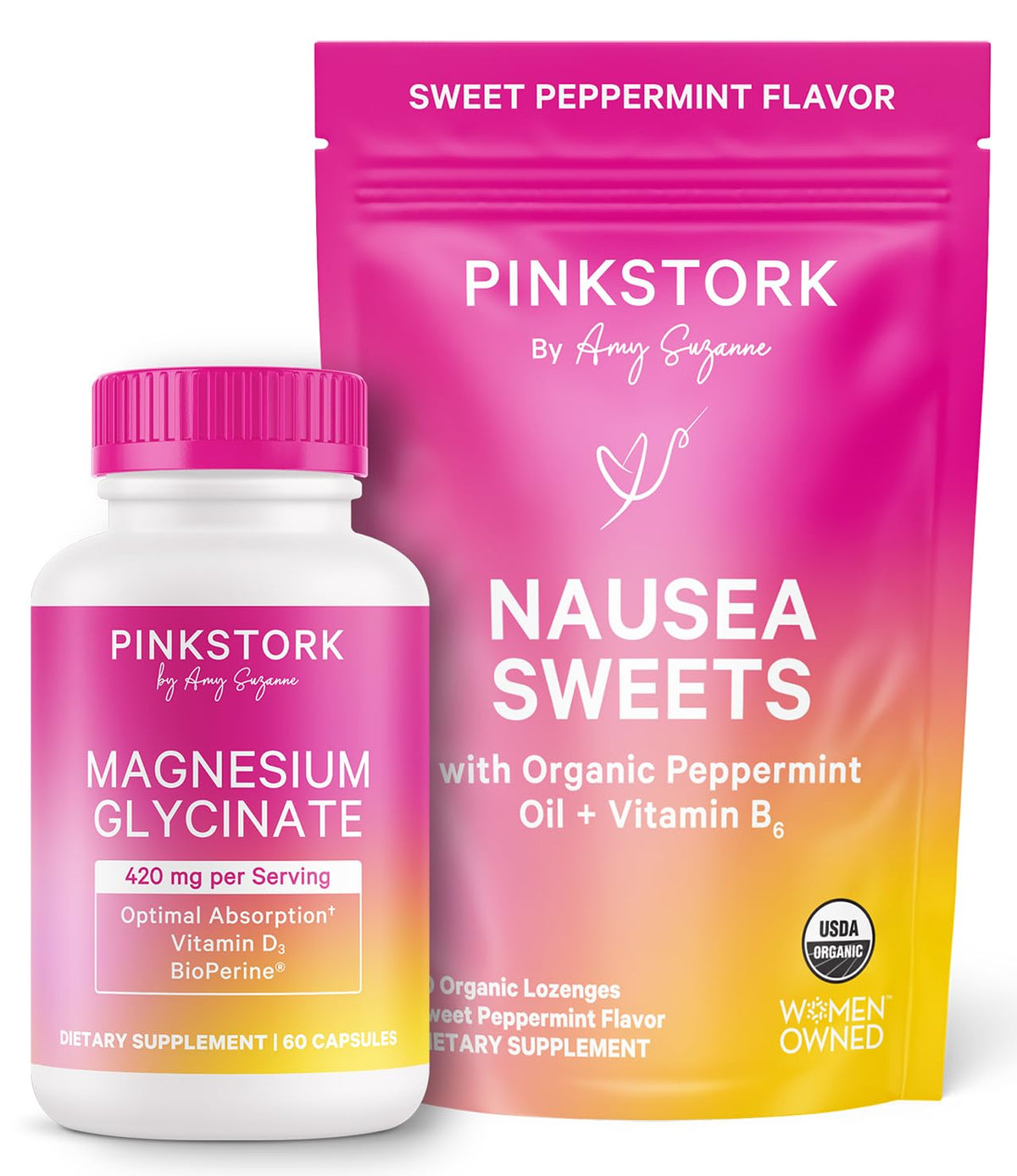 Pink Stork Mood and Stomach Relief Bundle - Magnesium Glycinate and Organic Peppermint Sweets for Morning Sickness and Motion Sickness, Mood Support Pink StorkBuy Supplements Australia