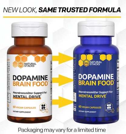 NATURAL STACKS Dopamine Brain Food - 650mg L-Tyrosine Supplement - Dopamine Supplement for Focus & Mental Drive - Supports Mental Energy - Neurotransmitter Support with B Vitamins - 60 Capsules NATURAL STACKSBuy Supplements Australia