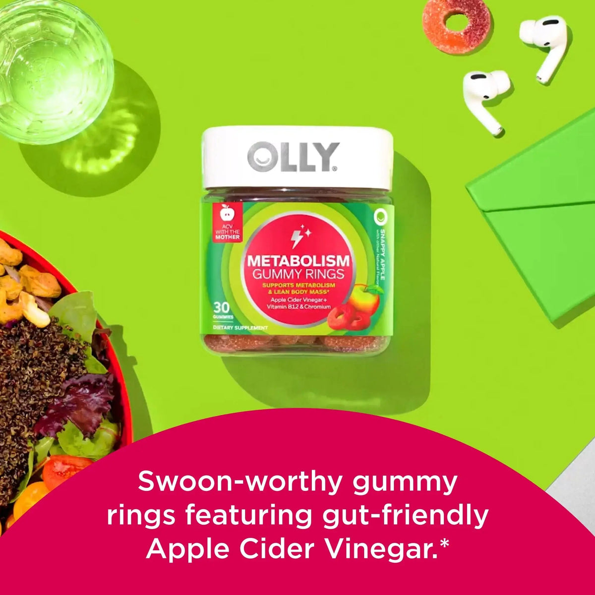 OLLY Multi + Probiotic Adult Multivitamin Gummy, 1 Billion CFUs, Digestive and Immune Support & Metabolism Gummy Rings, Apple Cider Vinegar, Vitamin B12, Chromium, Energy and Digestive Health OLLYBuy Supplements Australia