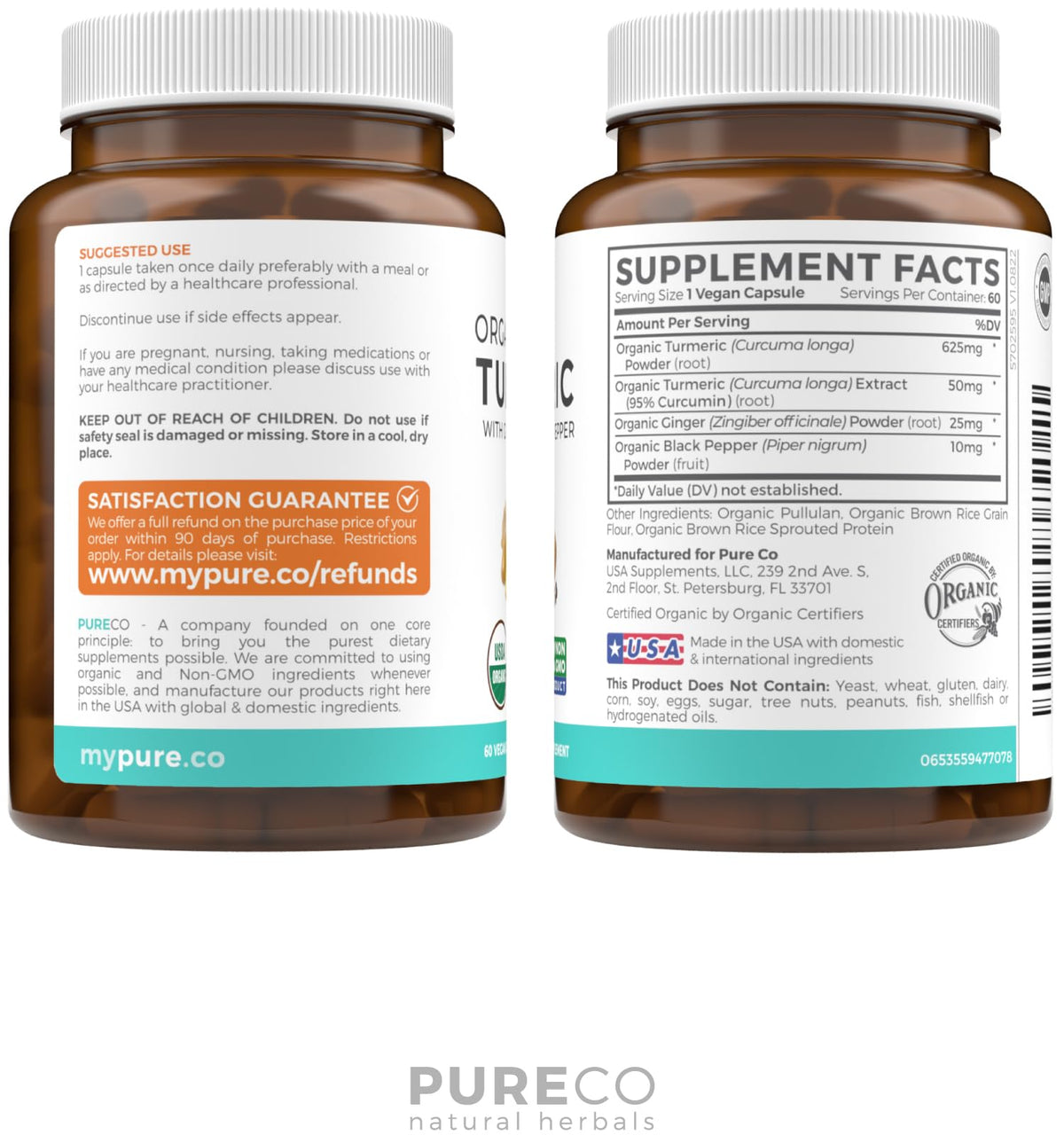 USDA Organic Turmeric Curcumin with Black Pepper and Ginger (2 Month Supply) PURE COBuy Supplements Australia
