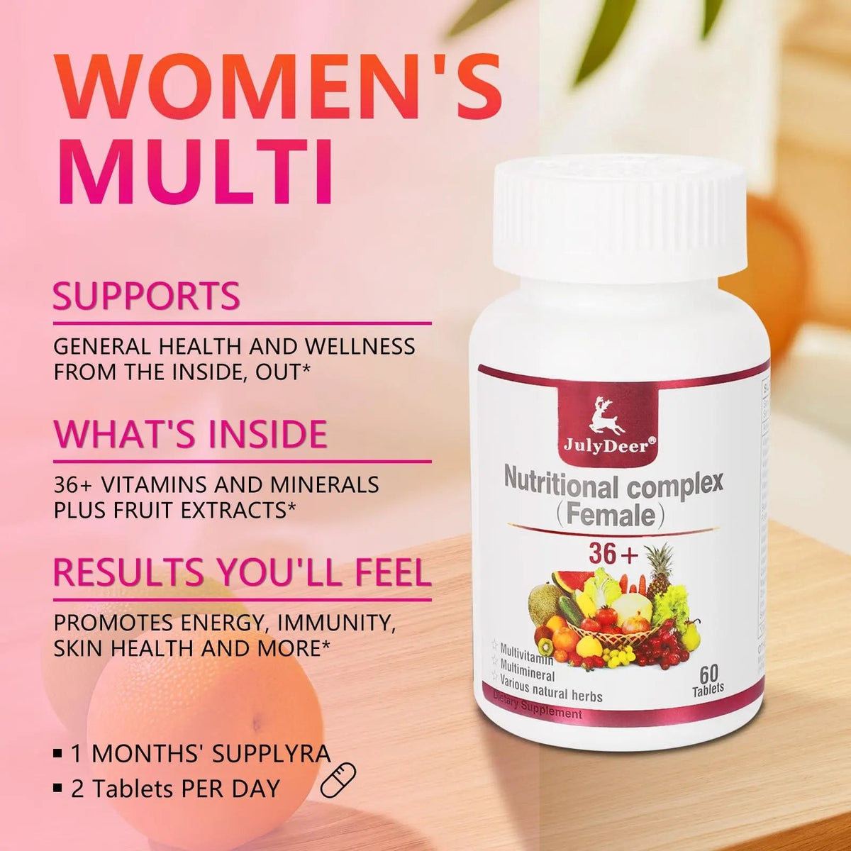 JulyDeer One Daily Tablet Multivitamin for Women - Complete Multimineral with Vitamin A, C, D, E and B-Complex, Zinc & More for Women's Immunity JulyDeer