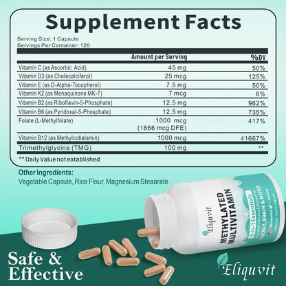 Eliquvit Methylated Multivitamin for Men & Women - Methylated B Complex with Methylfolate & B12-9-in-1 MTHFR Support + TMG - Vegan Multivitamin Eliquvit