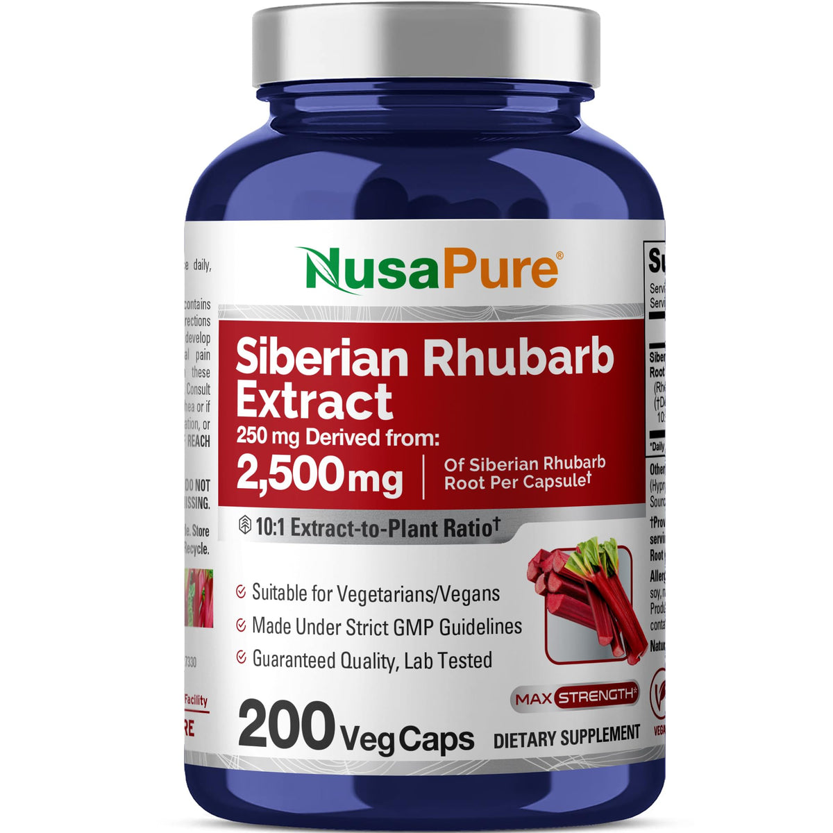 NusaPure Siberian Rhubarb 10:1 Extract, 250 mg Equivalent to 2,500mg - 200 Veggie Capsules (Vegetarian, Non-GMO, Vegan) NusaPureBuy Supplements Australia