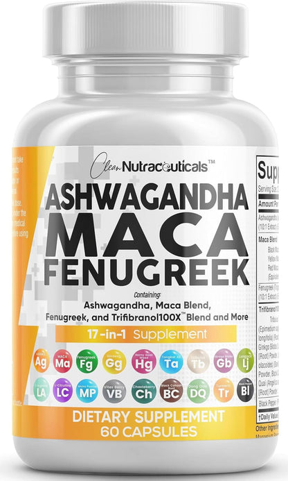 Clean Nutraceuticals Ashwagandha Maca Root Fenugreek Supplement with Tongkat Ali Ginseng - Assists with Stress, Mood & Thyroid - Ashwagandha Capsules Fenugreek Caps - 1 Pack Clean NutraceuticalsBuy Supplements Australia