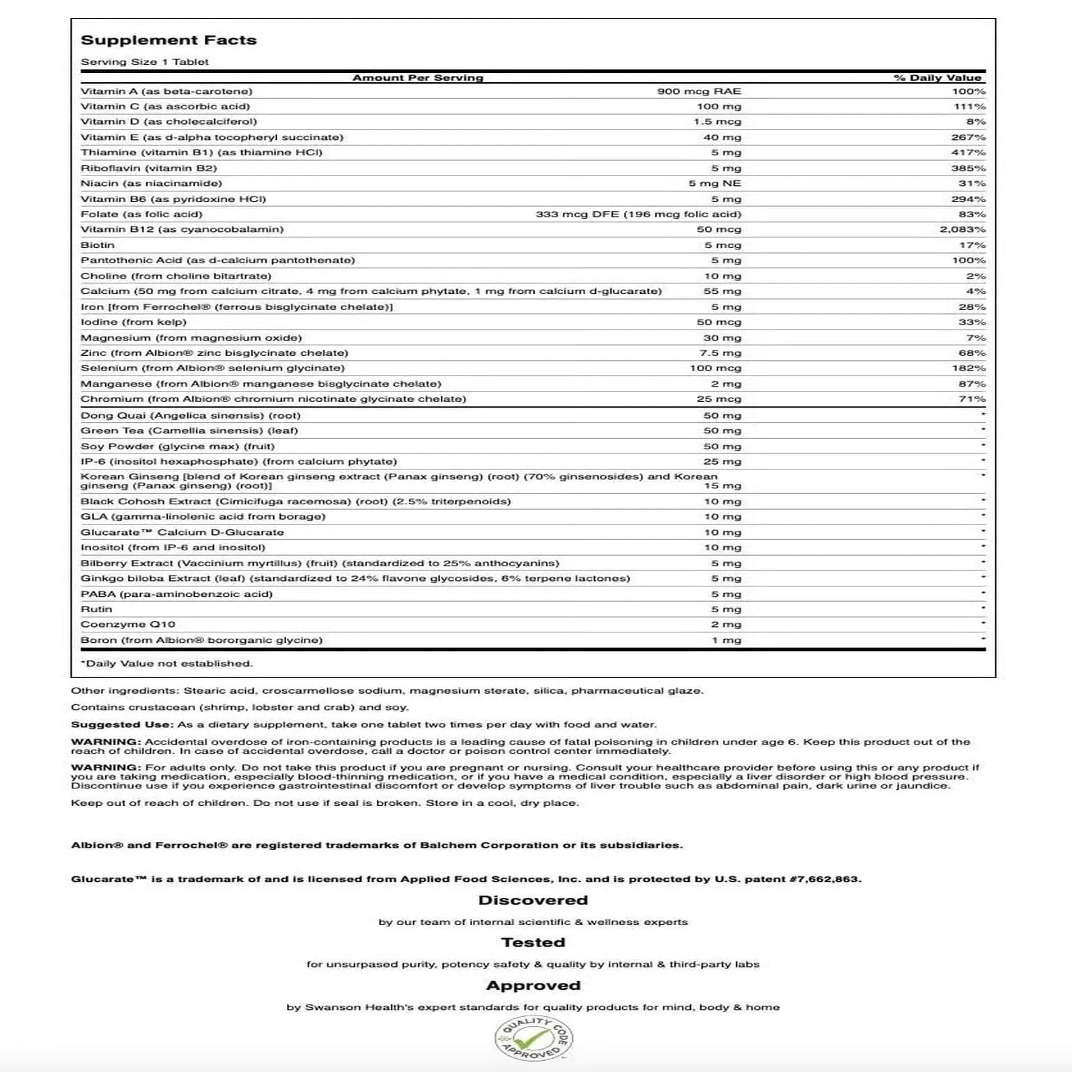 Swanson Multi Women's Prime Multivitamin Multimineral Energy Immune Hormone Balance Wellbeing Health Supplement 90 Tablets (Tabs) Swanson