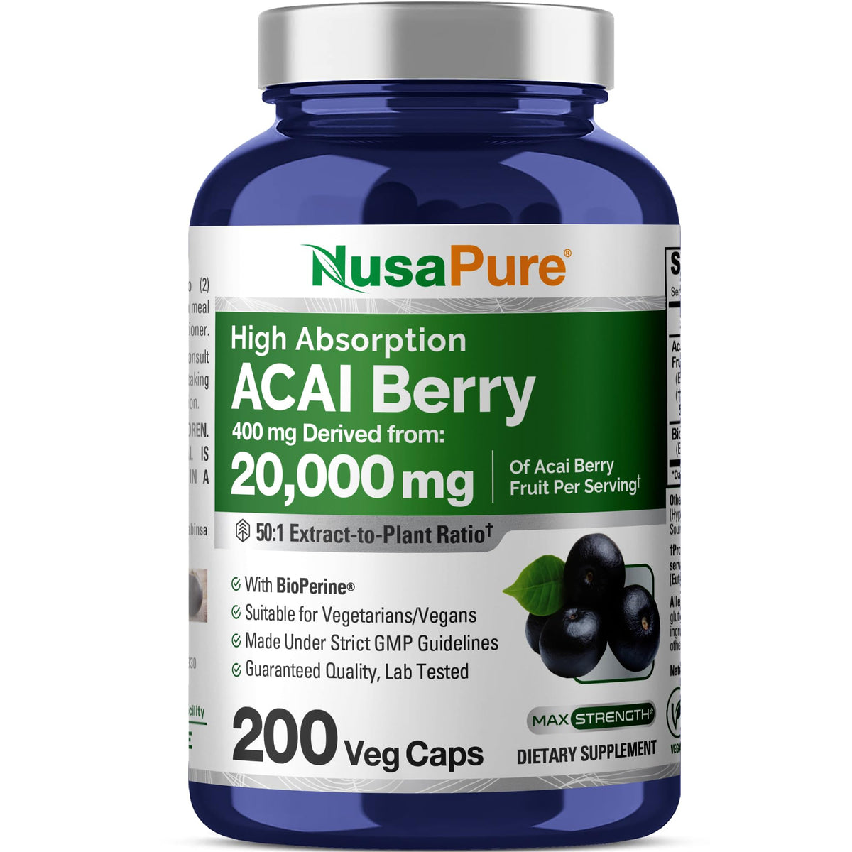 NusaPure Acai Berry 50:1 Extract - Suitable for Vegetarian/Vegan, Non - GMO - 20000 mg - 200 Capsules NusaPureBuy Supplements Australia