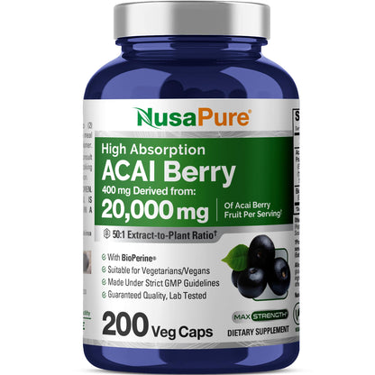 NusaPure Acai Berry 50:1 Extract - Suitable for Vegetarian/Vegan, Non - GMO - 20000 mg - 200 Capsules NusaPureBuy Supplements Australia