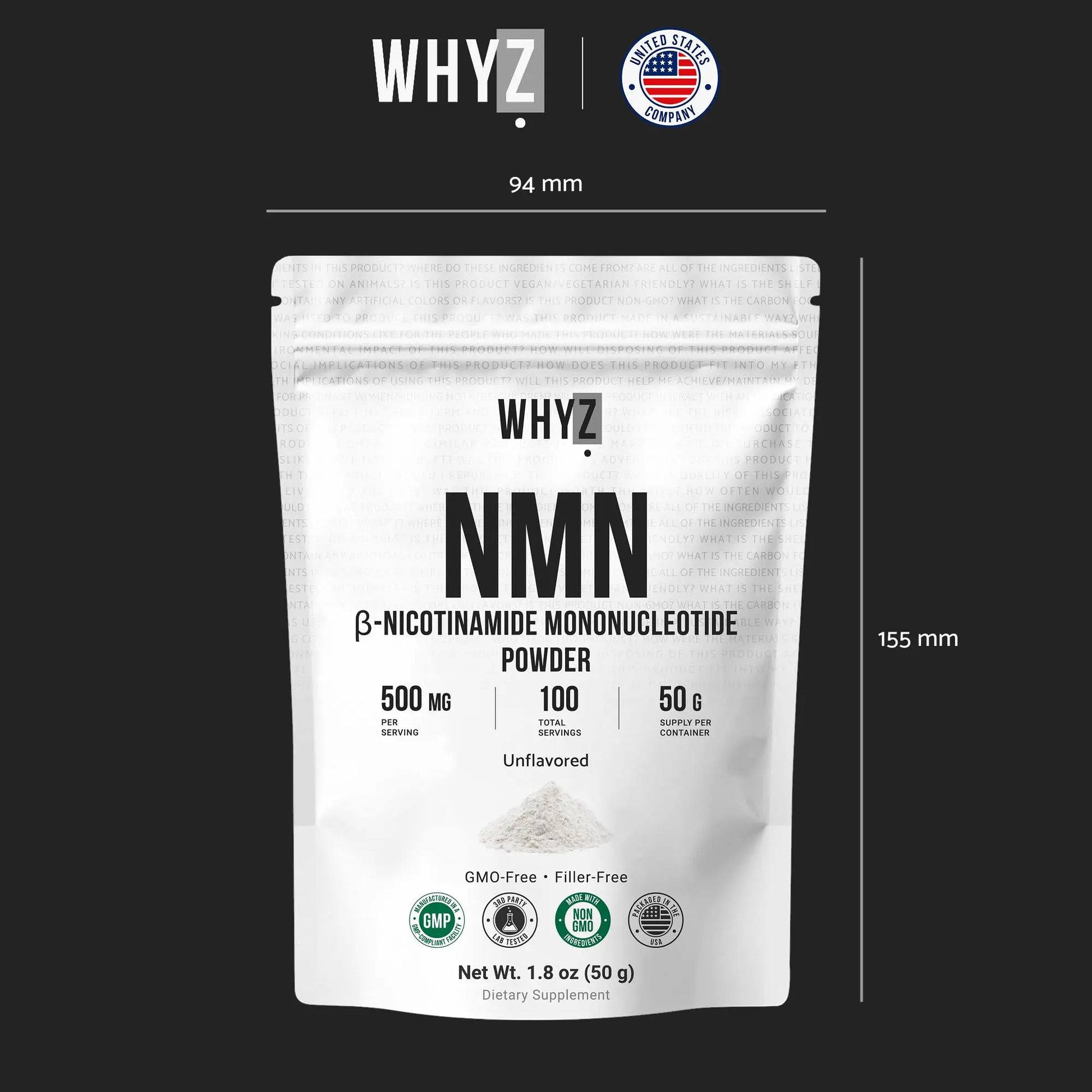 Pure NMN Powder Nicotinamide Mononucleotide Quick Dissolved NMN Supplement Powder 100% Unflavored NMN Supplement Supports NAD+ Levels Vegan Friendly Non-GMO, 50g WHYZBuy Supplements Australia