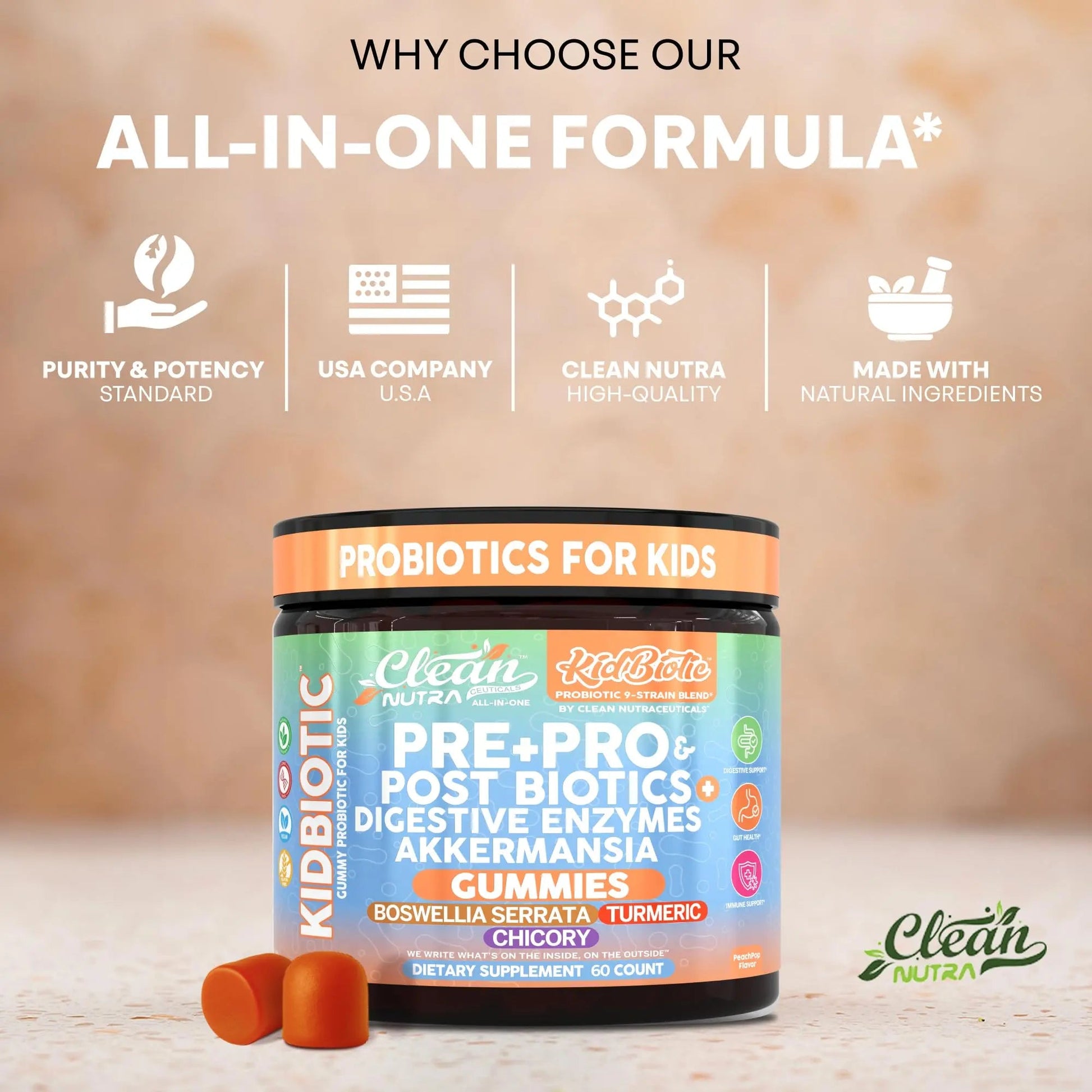Clean Nutra Kids Probiotics Gummies with Prebiotics, Postbiotics, Digestive Enzymes, Akkermansia, Boswellia Serrata, Turmeric, Chicory – 60 Count – Plant-Based Supplement for Kids – PeachPop Flavor Clean NutraceuticalsBuy Supplements Australia