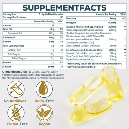 Tributyrin Supplement for Gut & Immune 800mg | High Bioavailability with Microencapsulated Probiotics & Prebiotics - Advanced Liquid-Filled Tributyrin Complex, Gluten Free, 90 Capsules QuorinthiumaxBuy Supplements Australia