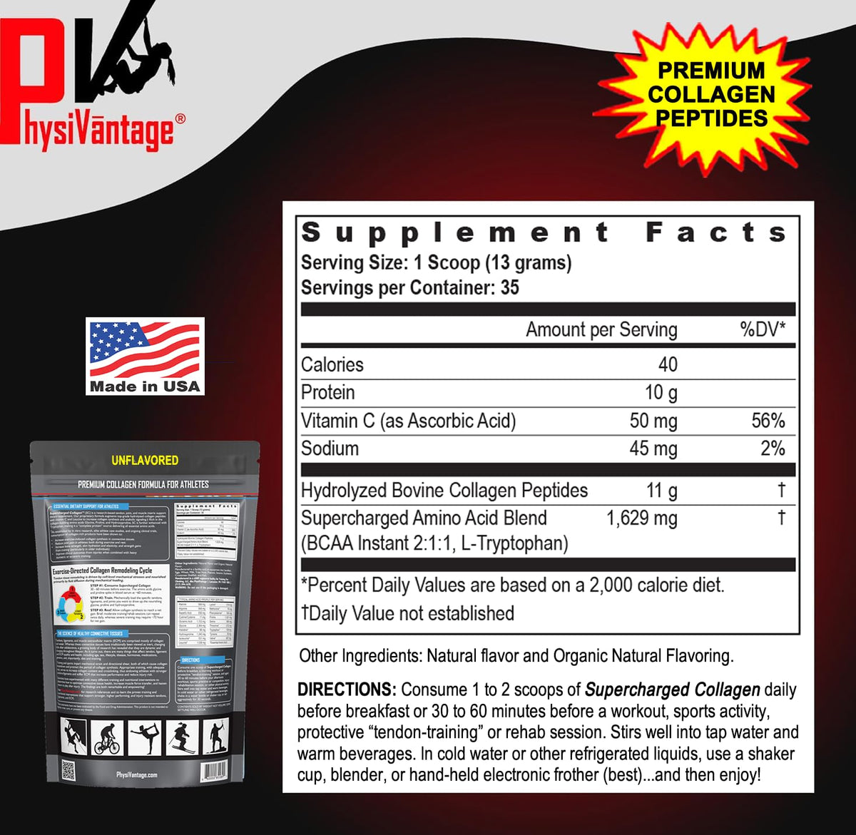 PhysiVantage Supercharged Collagen Peptides Powder - Hydrolyzed Collagen for Joint, Tendon, Ligament, & Skin Health Support - Peach Mango, Keto, Paleo, 16oz | Enhanced with Vitamin C, BCAAs, Grass-Fed PhysiVantageBuy Supplements Australia