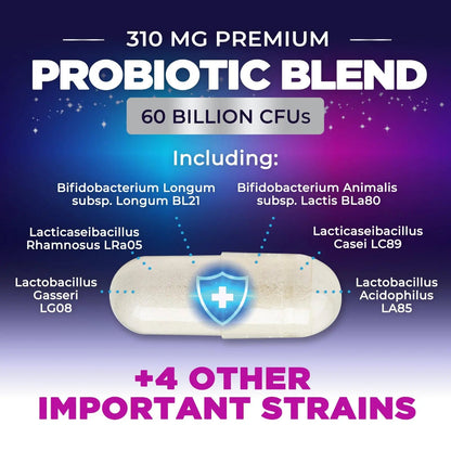 Probiotics 60 Billion CFU - 10 Strains + Digestive Enzymes & Prebiotics - Best Probiotic for Women & Men, Supports Immune, Gut Health, Occasional Constipation, Diarrhea, Gas & Bloating - 60 Capsules Nature's PeakBuy Supplements Australia