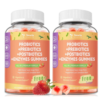 (2 Packs) Totaria Sugar Free 5-in-1 Probiotic Prebiotic Postbiotic Gummy, Probiotics for Women Men with Digestive Enzymes, Peppermint, Complete Immune, Gut & Digestive Support, Vegan Strawberry Flavor TotariaBuy Supplements Australia