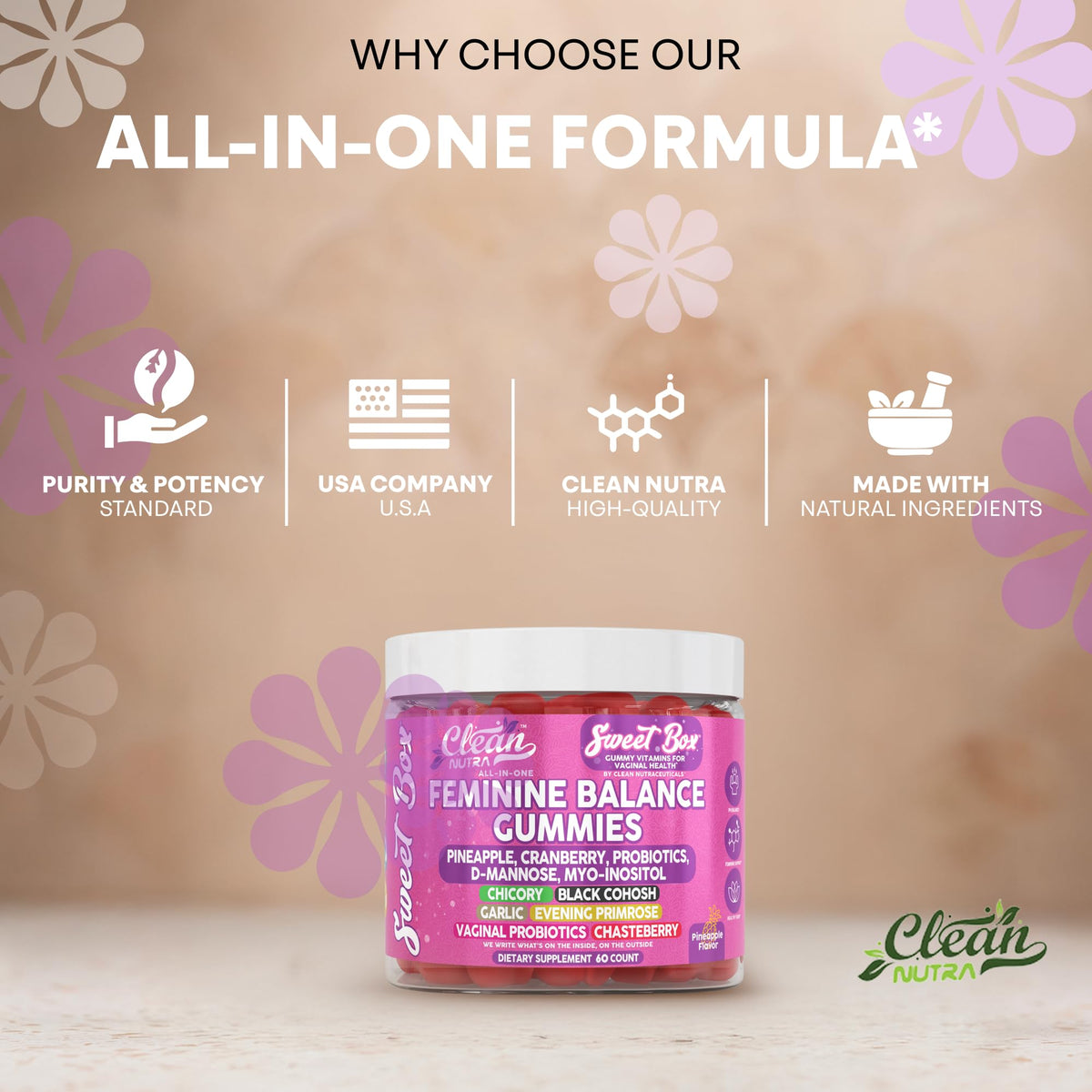 Clean Nutra Feminine Balance Gummies for Women Pineapple VaginalProbiotics pH Balance Cranberry D Mannose Supplement Inositol Black Cohosh Evening Primrose Garlic Vitex GLA Prebiotics Folate 60ct Clean NutraceuticalsBuy Supplements Australia