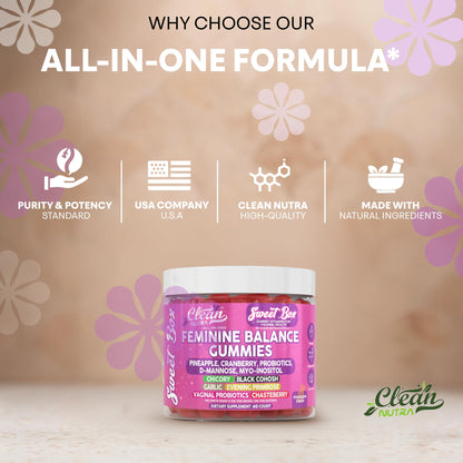 Clean Nutra Feminine Balance Gummies for Women Pineapple VaginalProbiotics pH Balance Cranberry D Mannose Supplement Inositol Black Cohosh Evening Primrose Garlic Vitex GLA Prebiotics Folate 60ct Clean NutraceuticalsBuy Supplements Australia