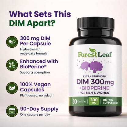 ForestLeaf DIM Supplement - 300mg DIM Estrogen Supplement for Women/Men - Diindolylmethane with BioPerine Black Pepper - Support for Detox, Metabolism, Hormone Balance & Menopause - 90 Caps ForestLeafBuy Supplements Australia