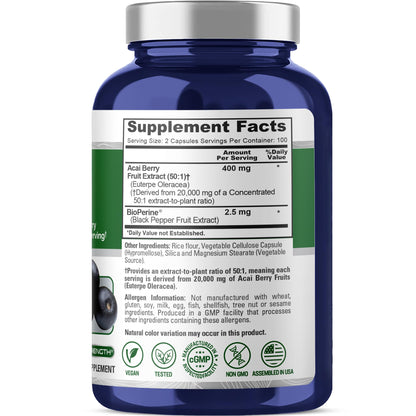 NusaPure Acai Berry 50:1 Extract - Suitable for Vegetarian/Vegan, Non - GMO - 20000 mg - 200 Capsules NusaPureBuy Supplements Australia