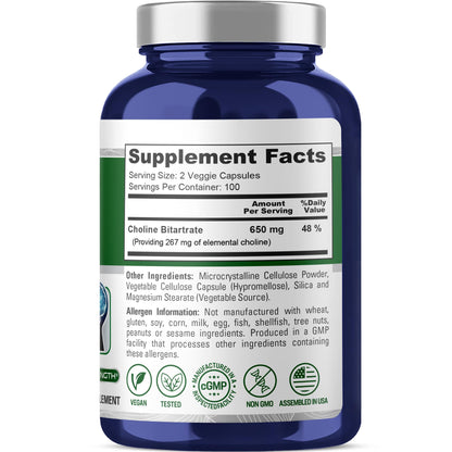 NusaPure Choline Bitartrate - Suitable for Vegetarian/Vegan, Non - GMO - 650 mg 200 Capsules NusaPureBuy Supplements Australia