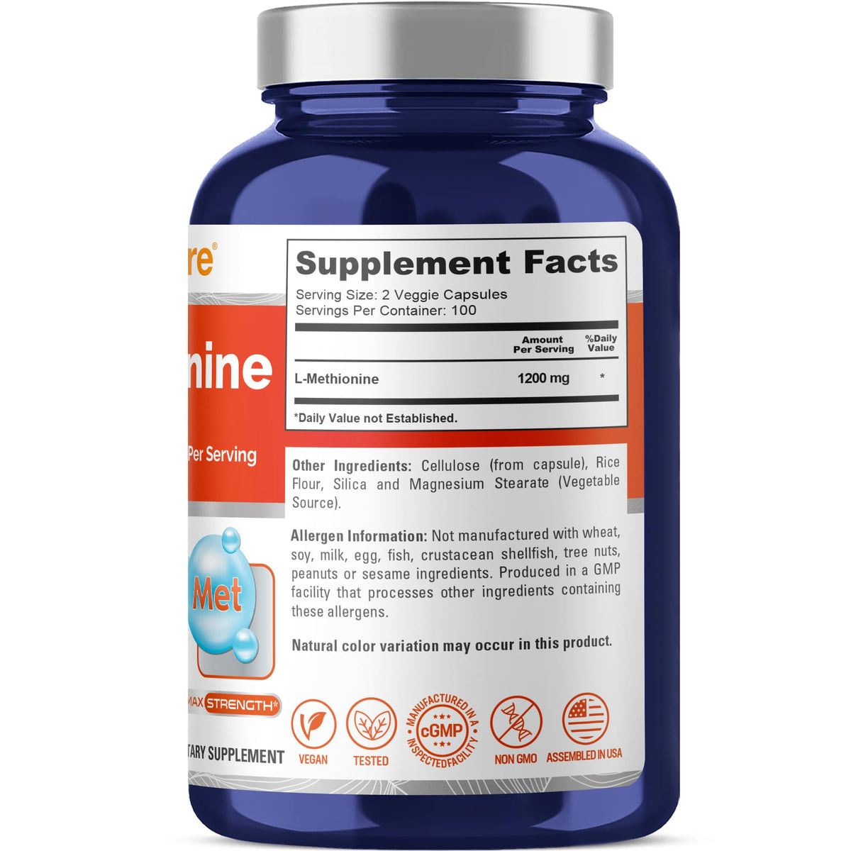 NusaPure L Methionine 1200mg | 200 Capsules | Non-GMO | Vegan Supplement NusaPureBuy Supplements Australia