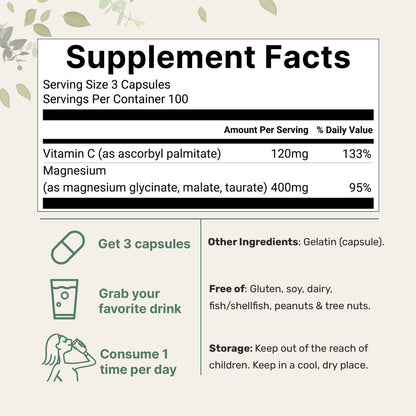 Micro Ingredients Pure Magnesium Complex, 300 Capsules | Triple Magnesium Glycinate, Malate, Taurate with Vitamin C | 100% Chelated | Supports Muscles