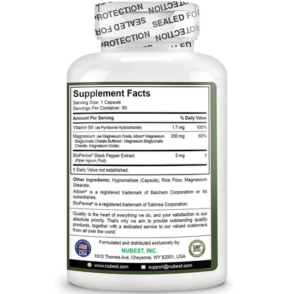 Magnesium Glycinate Chelate Complex with Albion Magnesium Bisglycinate Chelate, Vitamin B6 & BioPerine for Bone, Muscle, Natural Sleep, NuBest canada supplements