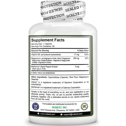 Magnesium Glycinate Chelate Complex with Albion Magnesium Bisglycinate Chelate, Vitamin B6 & BioPerine for Bone, Muscle, Natural Sleep,