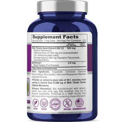 NusaPure Milk Thistle 50:1 Extract, 550 mg Equivalent to 27,500mg 120 Veggie Capsules Non-GMO, Vegan Max Strength - Standardized 80% Silymarin, Bioperine NusaPureBuy Supplements Australia
