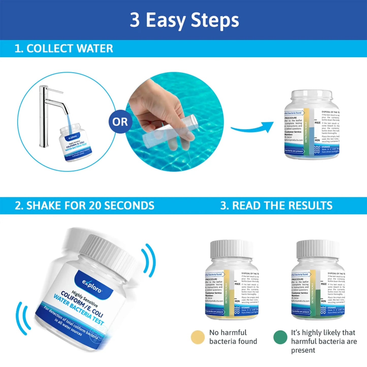 Exploro® Bacteria Water Test Kit, Pond Water Test Kit, Pool Water Testing Kit, Water Testing Kits for Drinking Water for Coliform (E. coli), EPA Approved Pool Test Kit (1 Pack) ExploroBuy Supplements Australia