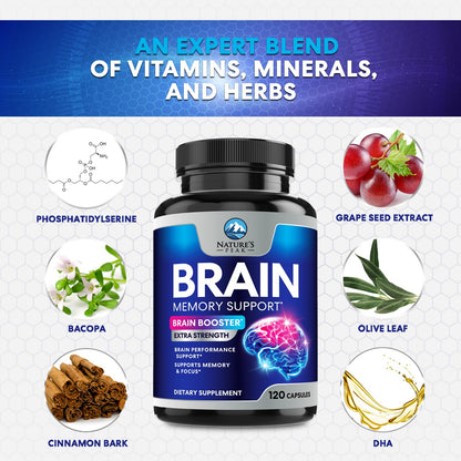 Brain Memory Supplement - 3X Strength Nootropics for Concentration, Clarity & Focus Support - Brain Health Cognitive Vitamins with Bacopa, Phosphatidylserine & DMAE, Brain Booster Pills, 120 Capsules Nature's PeakBuy Supplements Australia