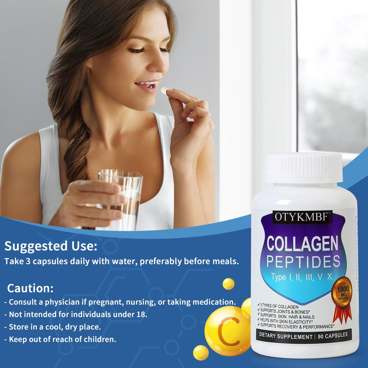 OTYKMBF Multi Collagen Peptides Pills 1800mg, Type I, II, III, V, X - Hydrolyzed Premium Collagen Complex Supports Skin, Joints, Hair & Nails, Hydrolyzed Protein for Women Men, 90 Capsules OTYKMBFBuy Supplements Australia