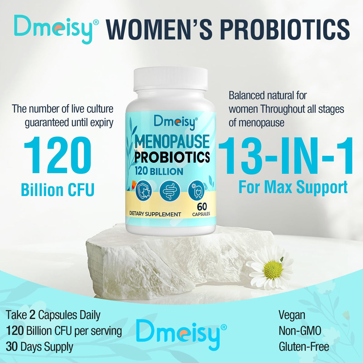 Menopause Supplements for Women, 120 Billion CFU Probiotic, 13-in-1 Herbs Probiotics Complex, for Menopause Relief, Hormone Balance, Hot Flashes, Night Sweats, Mood Swings, Gut & Immunity - 60 Capsule DmeisyBuy Supplements Australia