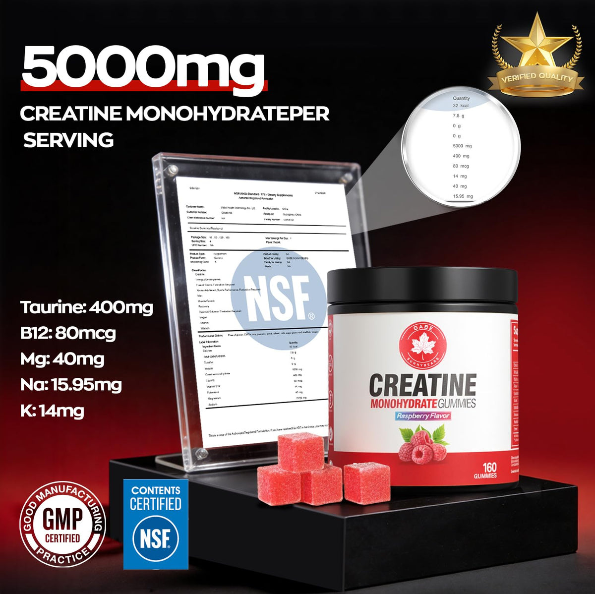 GABE SUNNYBEARS Creatine Gummies, NSF Certified, 5g Creatine Monohydrate per Serving with Taurine & B12, Raspberry Flavor, 160 Count, for Men & Women GABE SUNNYBEARSBuy Supplements Australia