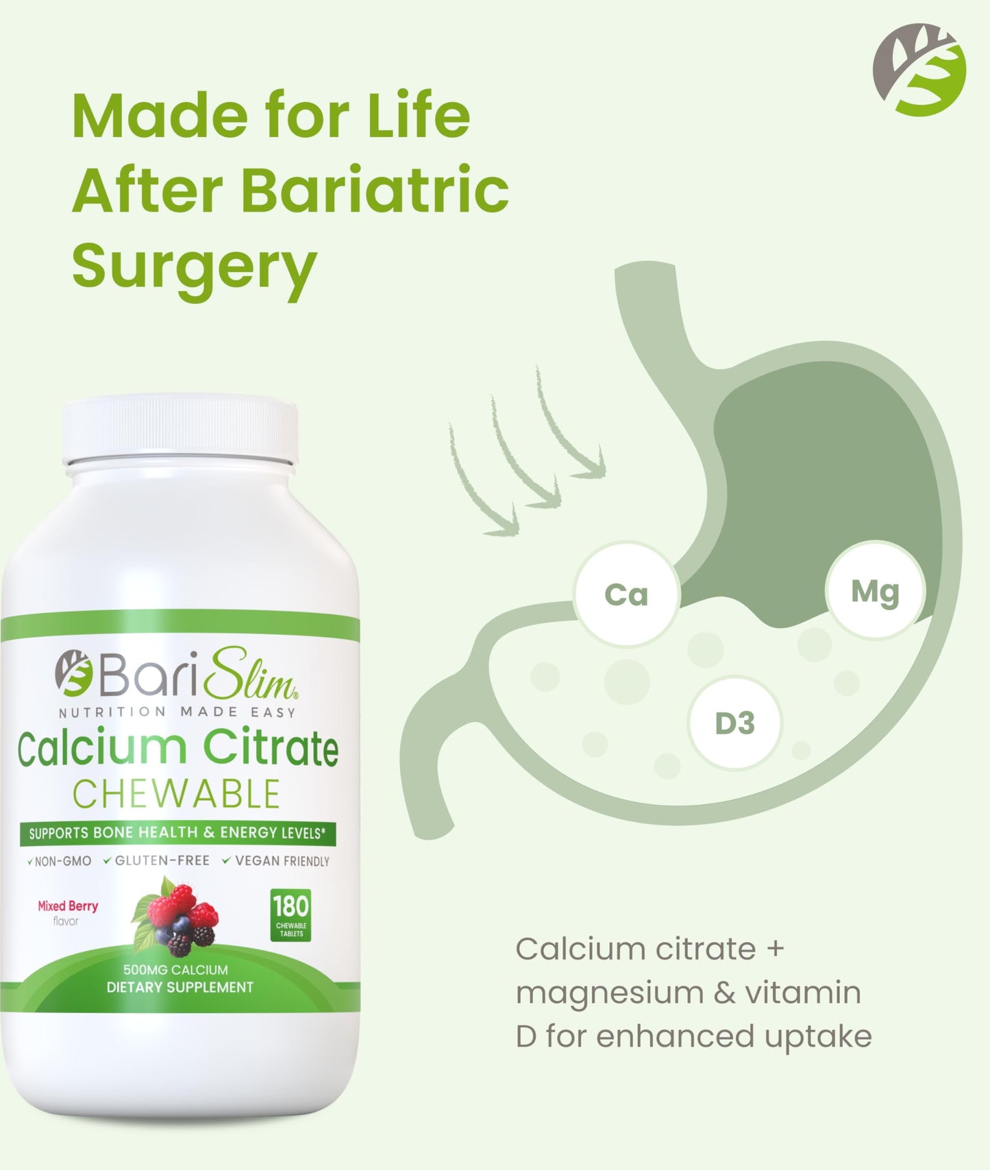 BariSlim Bariatric Calcium Citrate with Magnesium & Vitamin D Tabs - 500mg Calcium Citrate - Formulated for Post Weight Loss Surgery - Supports Bone Health | Mixed Berry | 180 Tablets BariSlim buy supplements Au