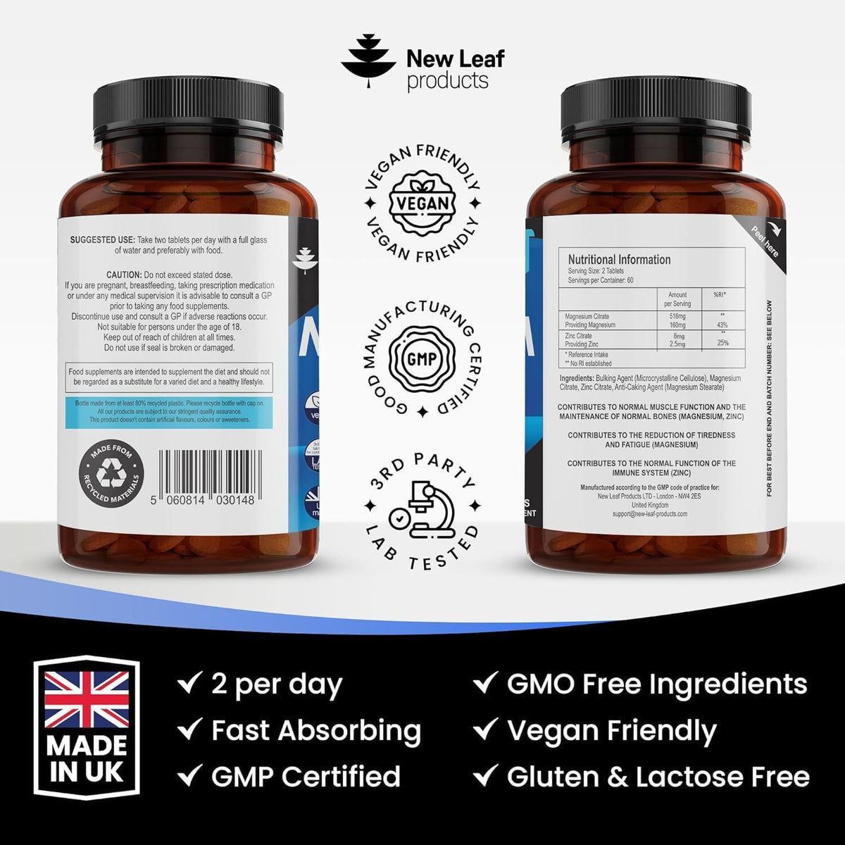 Magnesium Supplements 516mg With Zinc - 120 Magnesium Tablets Supports Muscle NEW LEAF PRODUCTSBuy Supplements Australia