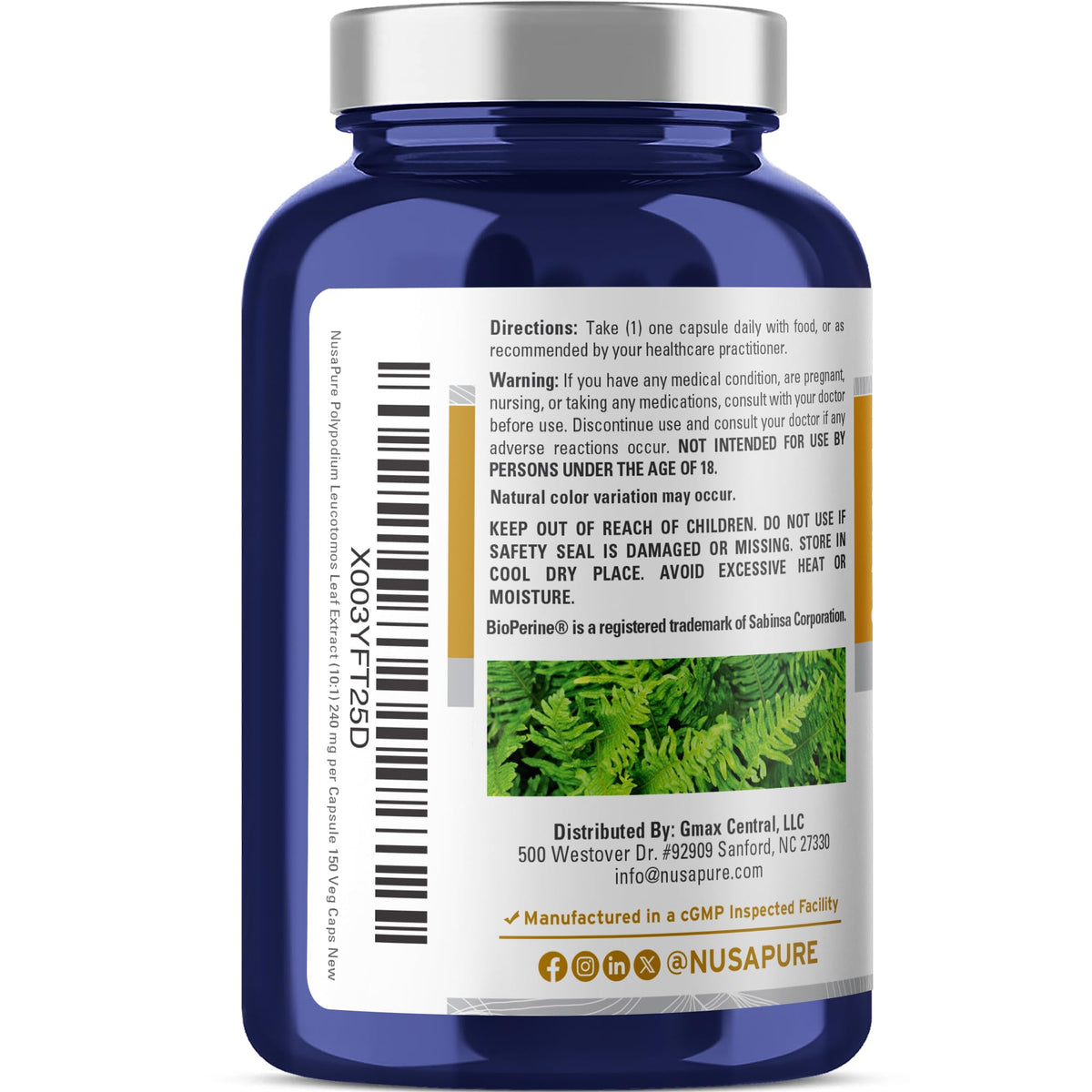 NusaPure Polypodium Nicotinamide 10:1 Extract, 240 mg Equivalent to 2,400 mg per Veg Caps - 150 Count (Non-GMO, Soyfree, Bioperine) NusaPureBuy Supplements Australia