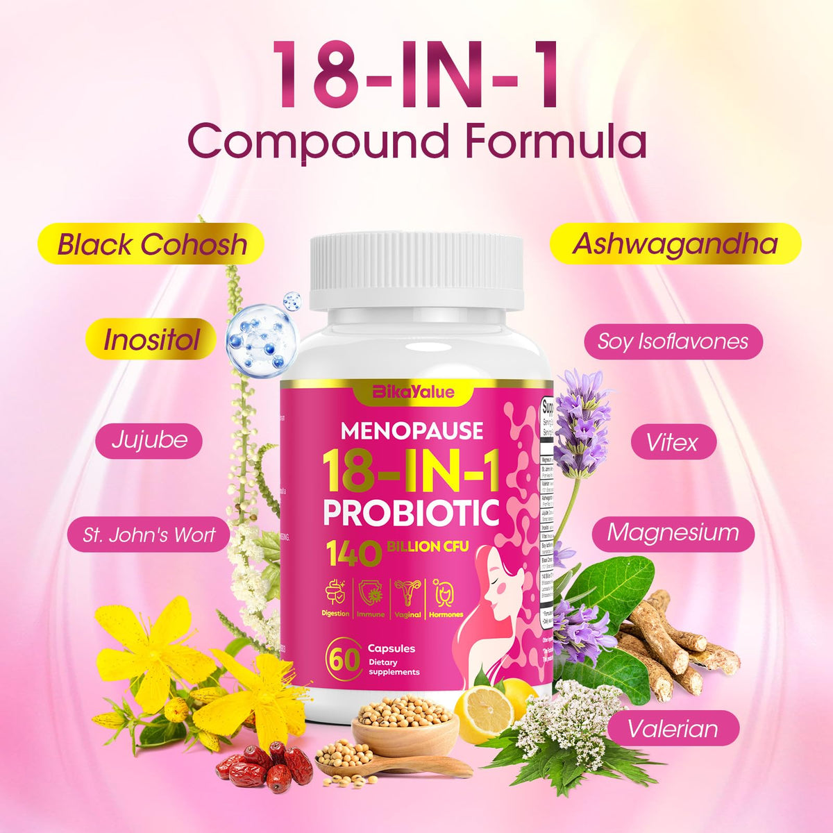 Menopause Supplements for Women, 140 Billion CFU Probiotics, 18-in-1 Menopause Relief with Magnesium, Black Cohosh, Inositol, Hormone Harmony for Women, Night Sweats, Mood Swings, Immunity - 60 Caps BIKAYALUEBuy Supplements Australia