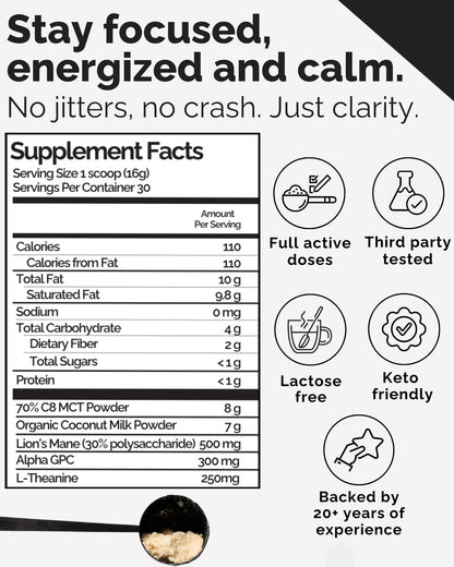 Keto Brainz C8MCT Based Nootropic - with 500mg Lion's Mane Mushroom, AlphaGPC & L-Theanine This is The Ultimate Easy to use nootropic Stack & Makes Delicious Mushroom Coffee! 16oz. 30 Servings Keto BrainzBuy Supplements Australia